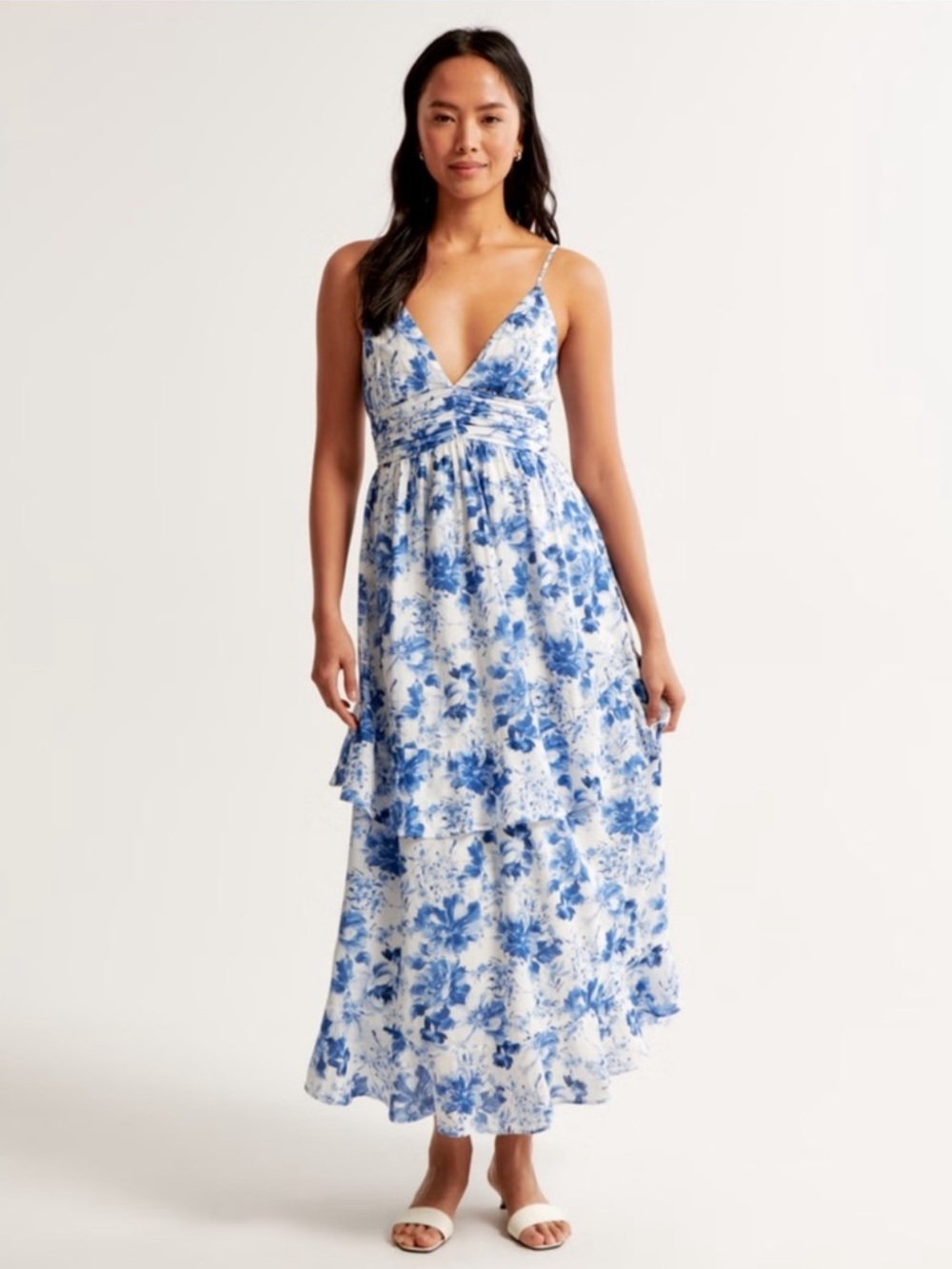Blue Floral Tiered Maxi Dress with Spaghetti Straps